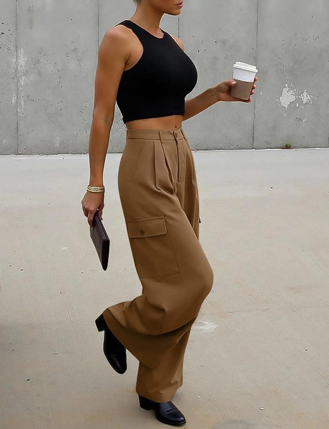 UEU Womens High Waisted Wide Leg Cargo Pants Baggy Dress Pants Business Casual Work Trousers with 4 Pockets 2025 Trendy
