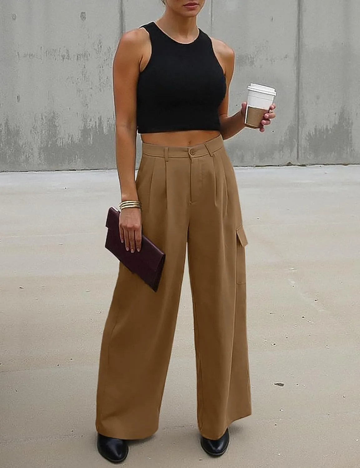 UEU Womens High Waisted Wide Leg Cargo Pants Baggy Dress Pants Business Casual Work Trousers with 4 Pockets 2025 Trendy