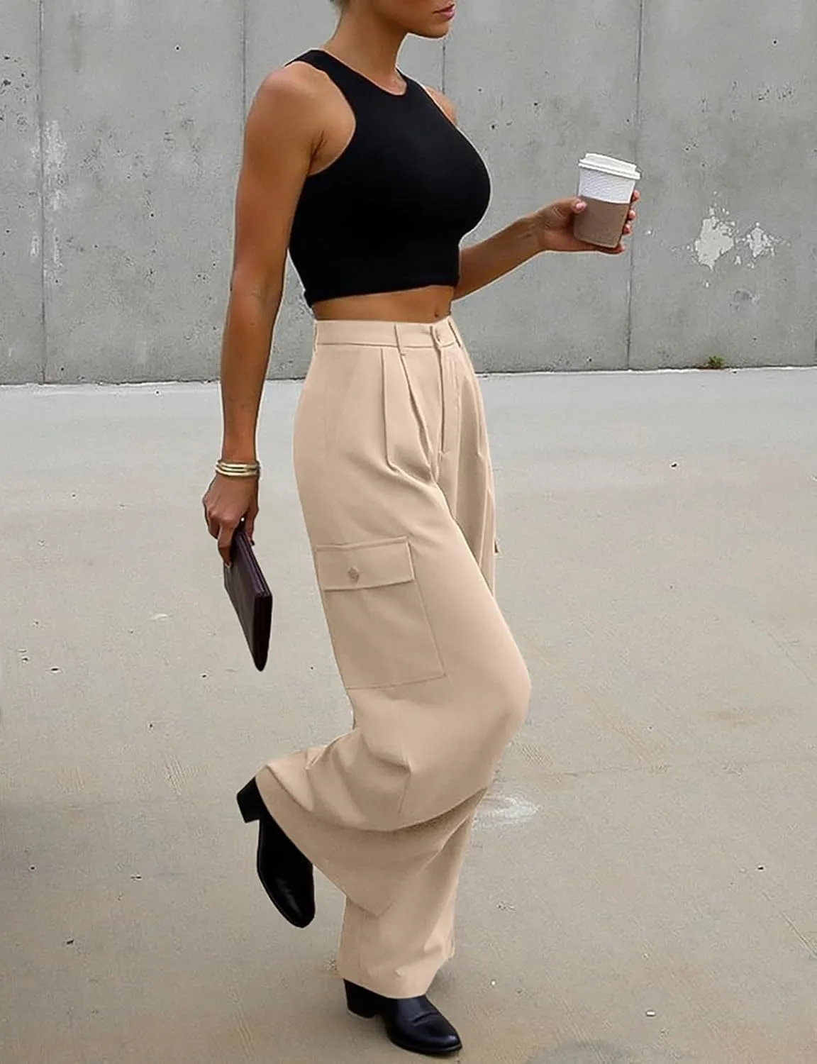 UEU Womens High Waisted Wide Leg Cargo Pants Baggy Dress Pants Business Casual Work Trousers with 4 Pockets 2025 Trendy