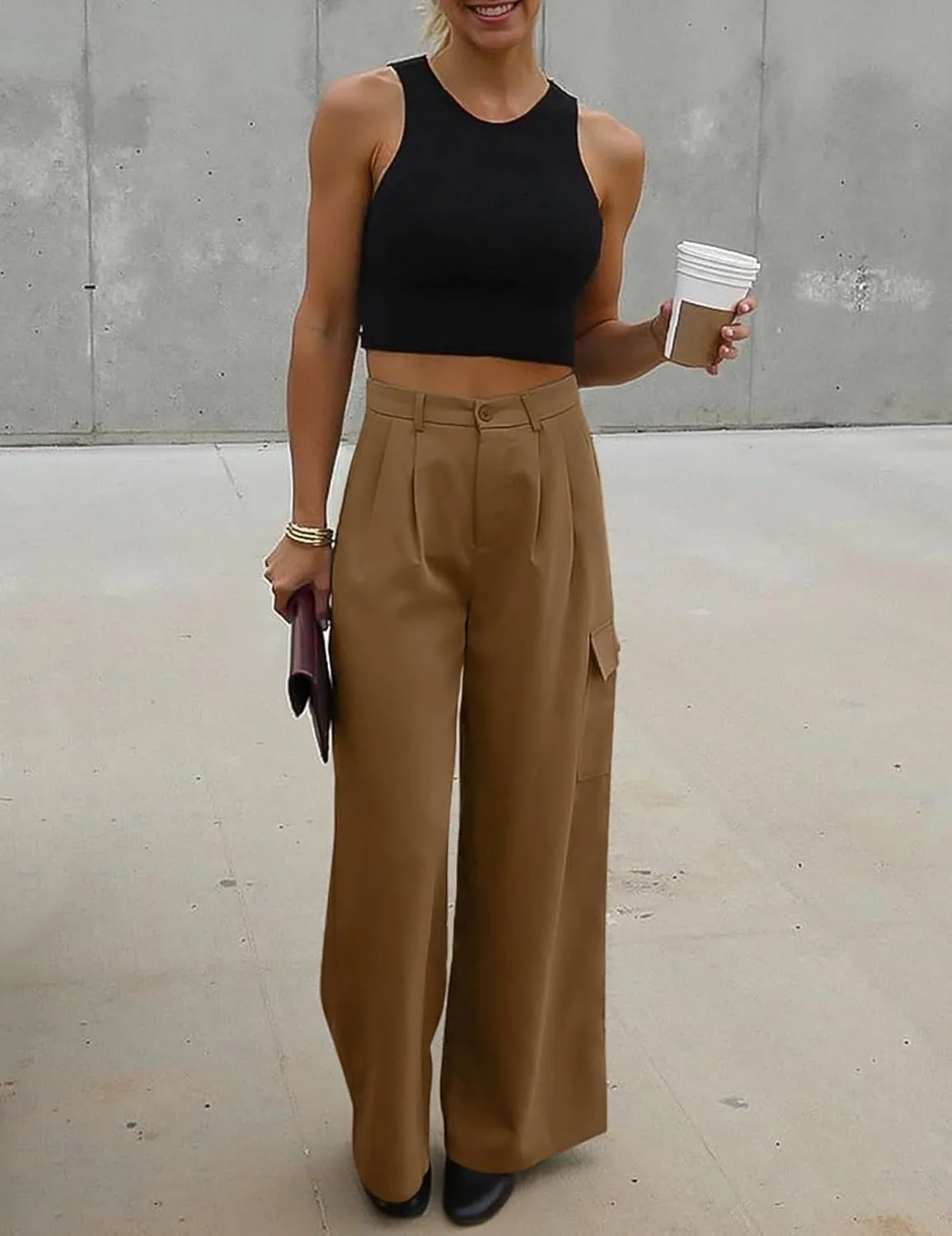 UEU Womens High Waisted Wide Leg Cargo Pants Baggy Dress Pants Business Casual Work Trousers with 4 Pockets 2025 Trendy