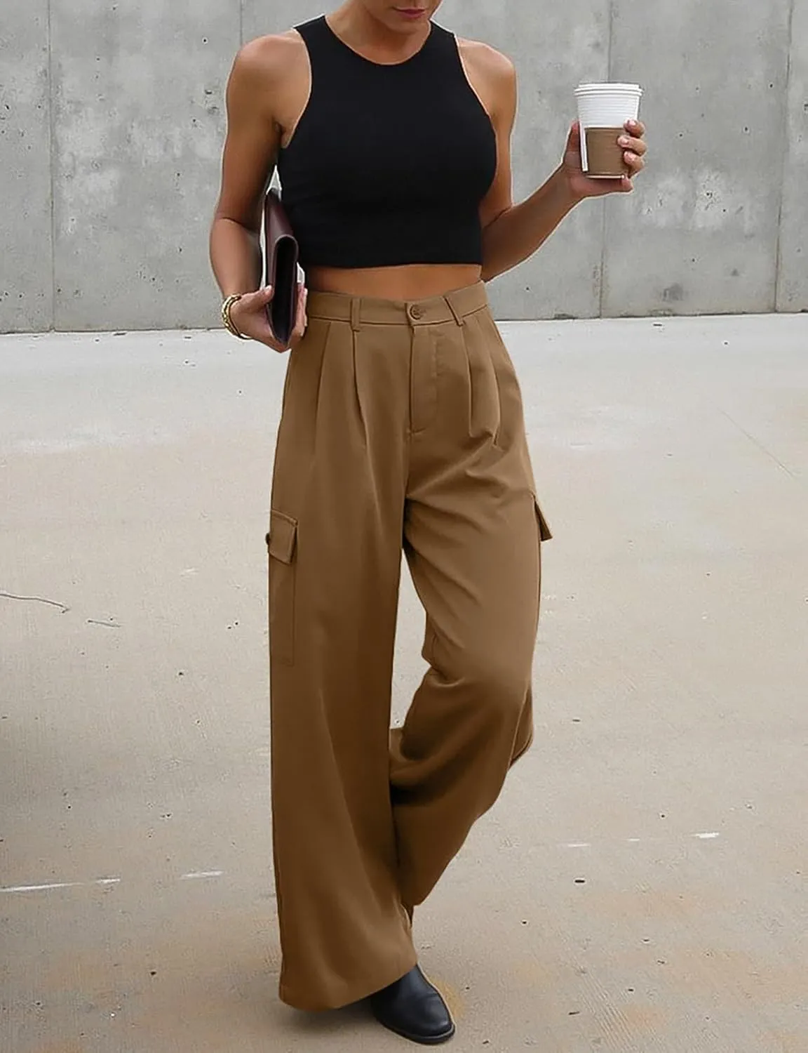 UEU Womens High Waisted Wide Leg Cargo Pants Baggy Dress Pants Business Casual Work Trousers with 4 Pockets 2025 Trendy