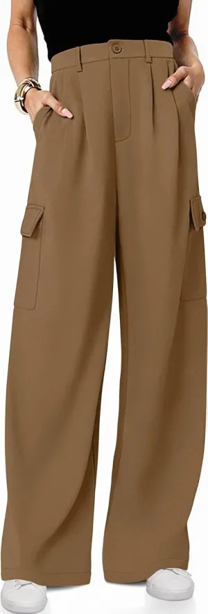 UEU Womens High Waisted Wide Leg Cargo Pants Baggy Dress Pants Business Casual Work Trousers with 4 Pockets 2025 Trendy