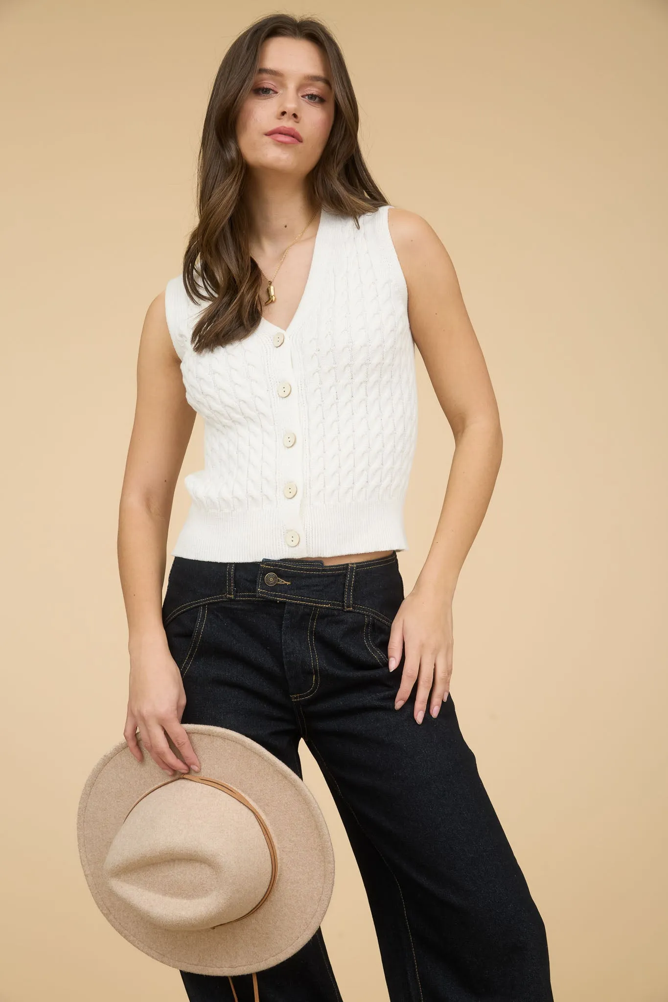V NECK BUTTON DOWN CABLE KNIT SWEATER VEST