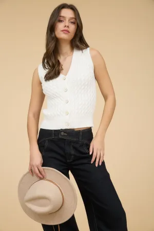 V NECK BUTTON DOWN CABLE KNIT SWEATER VEST
