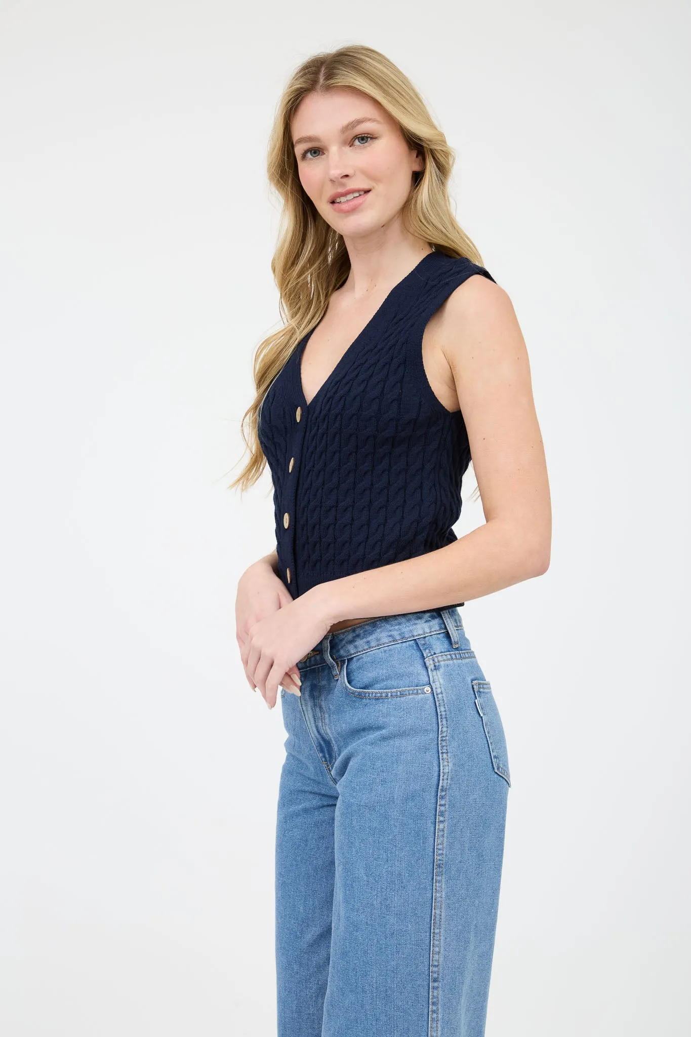 V NECK BUTTON DOWN CABLE KNIT SWEATER VEST
