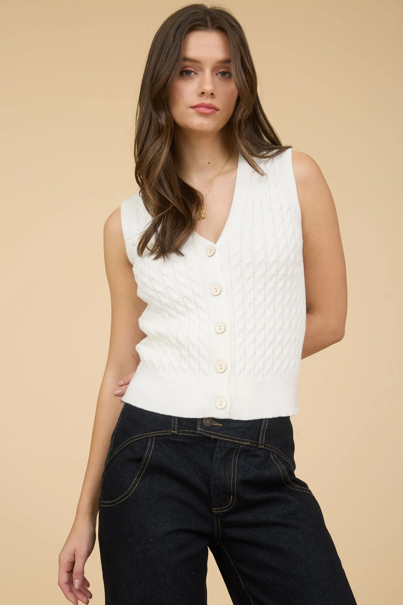 V NECK BUTTON DOWN CABLE KNIT SWEATER VEST
