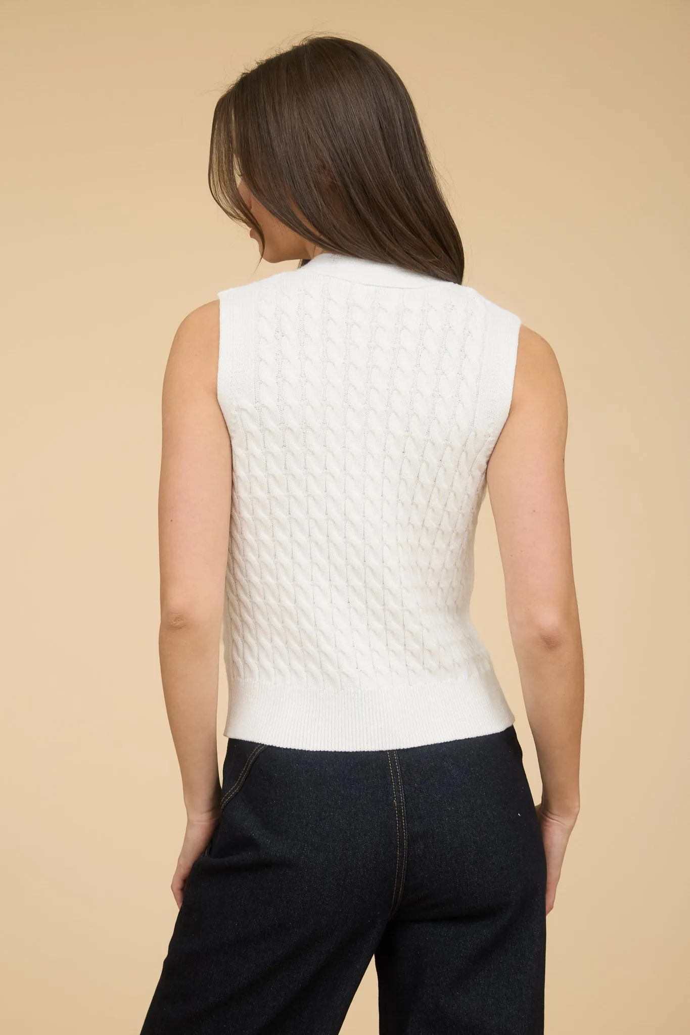 V NECK BUTTON DOWN CABLE KNIT SWEATER VEST