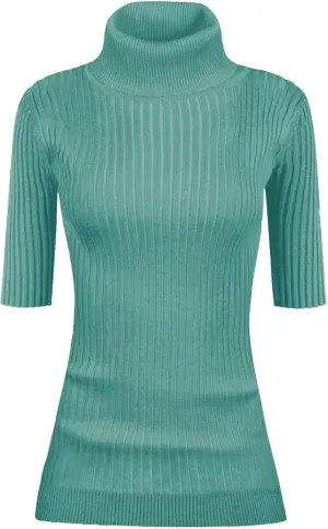 v28 Women Turtleneck 1/2 Half Sleeve Highly Stretchy Ribbed Knit Fitted Sweater