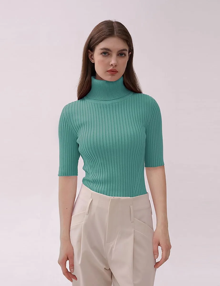 v28 Women Turtleneck 1/2 Half Sleeve Highly Stretchy Ribbed Knit Fitted Sweater