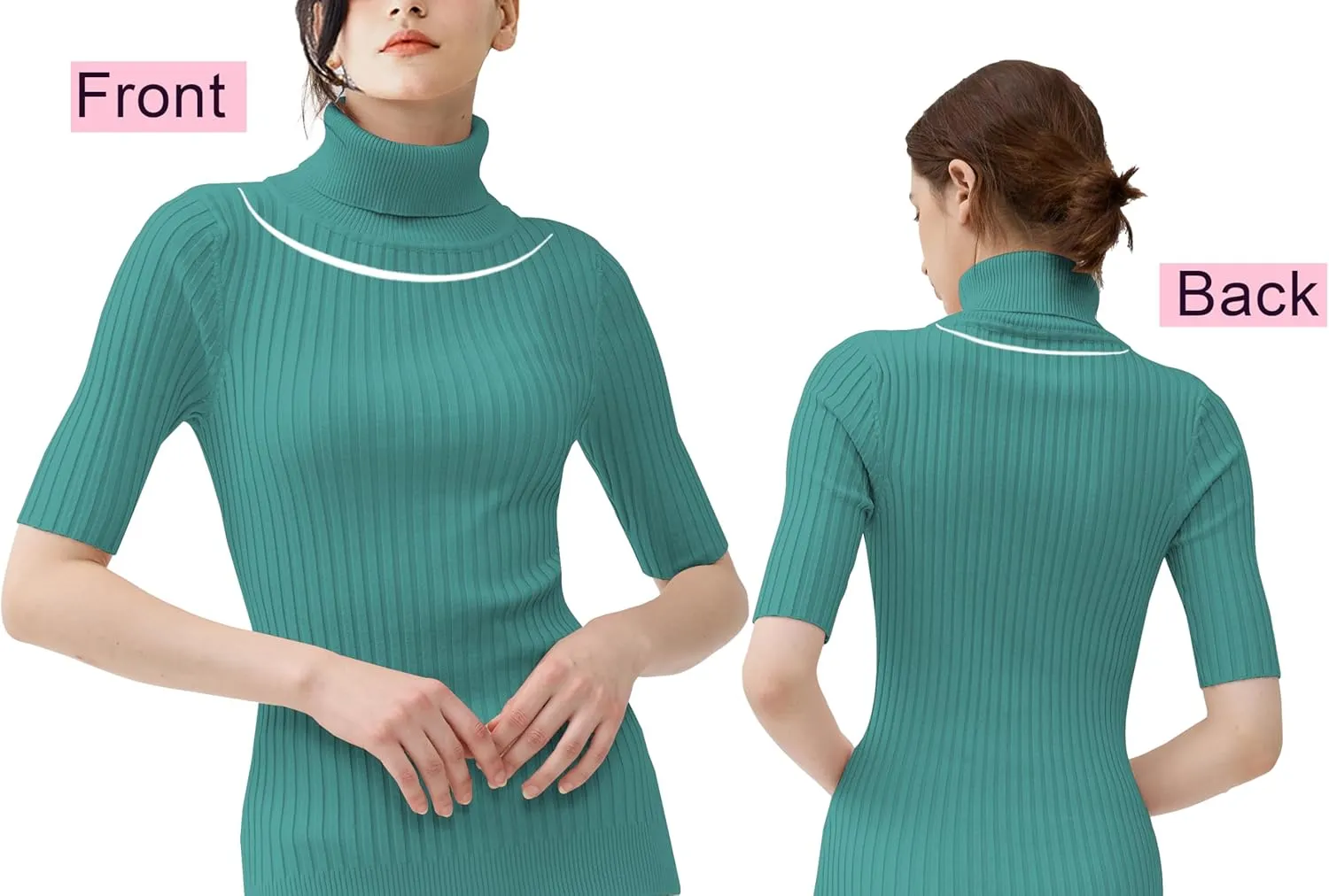 v28 Women Turtleneck 1/2 Half Sleeve Highly Stretchy Ribbed Knit Fitted Sweater
