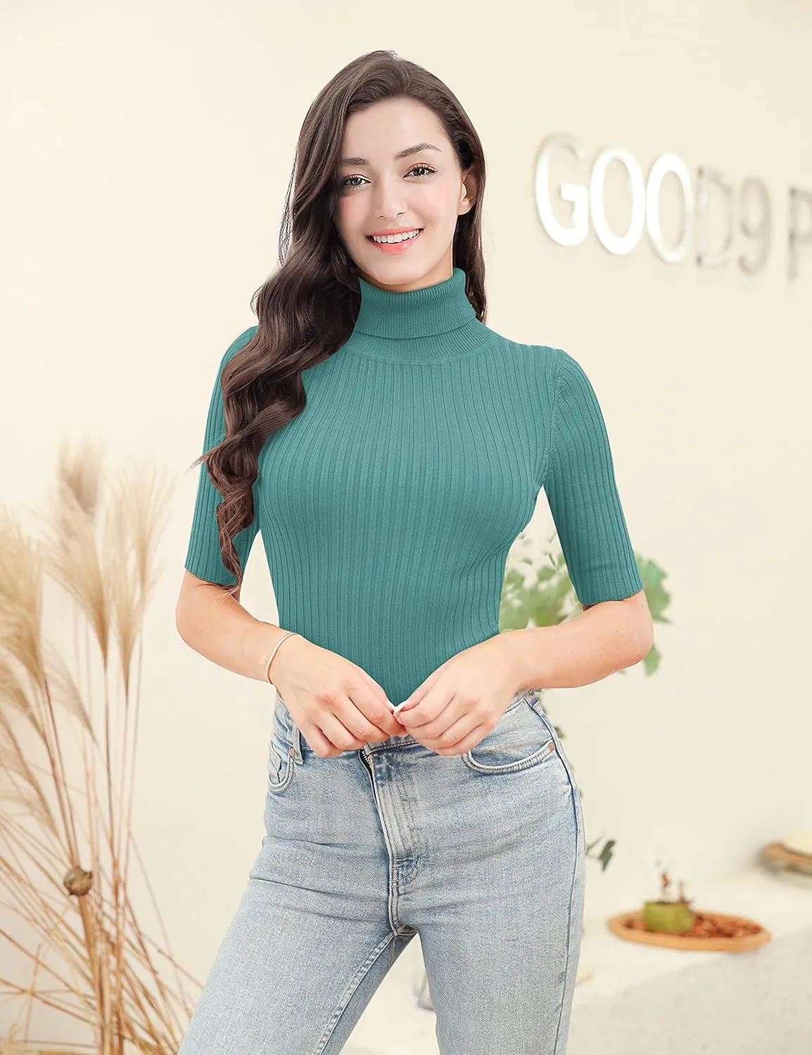 v28 Women Turtleneck 1/2 Half Sleeve Highly Stretchy Ribbed Knit Fitted Sweater