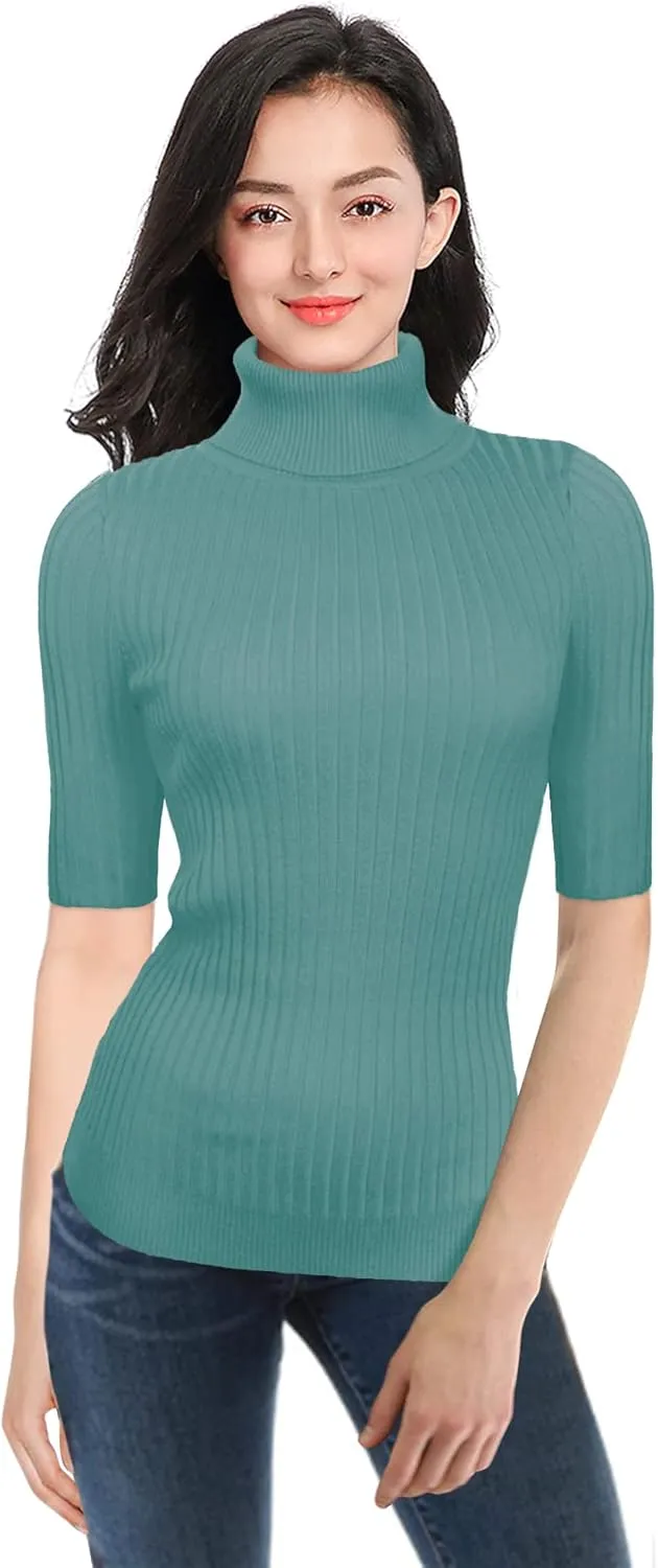v28 Women Turtleneck 1/2 Half Sleeve Highly Stretchy Ribbed Knit Fitted Sweater