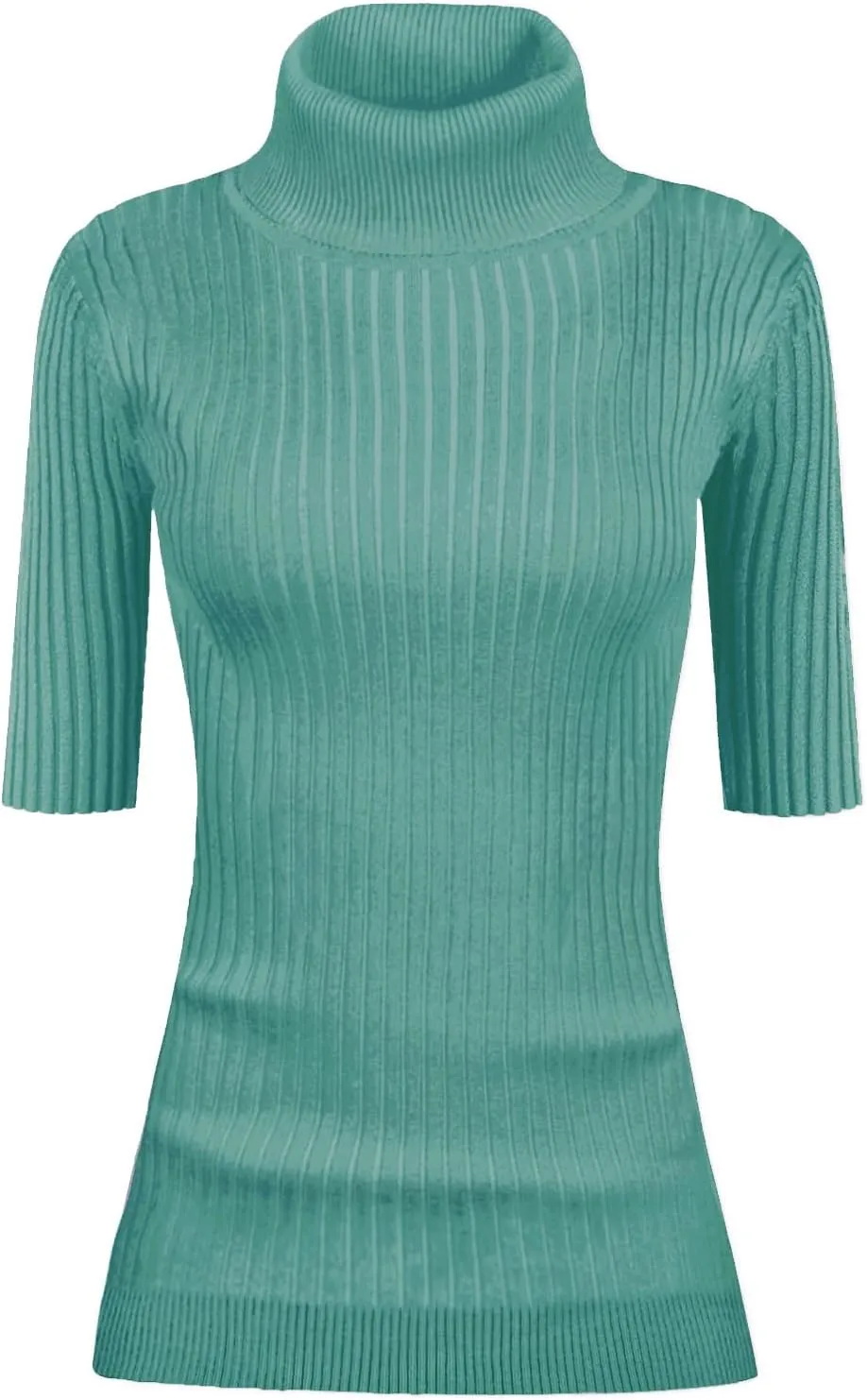 v28 Women Turtleneck 1/2 Half Sleeve Highly Stretchy Ribbed Knit Fitted Sweater