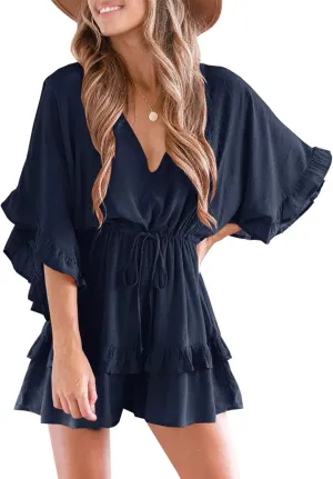 Valphsio Womens V Neck Beach Romper Ruffle Layered Drawstring Waisted Shorts Jumpsuit