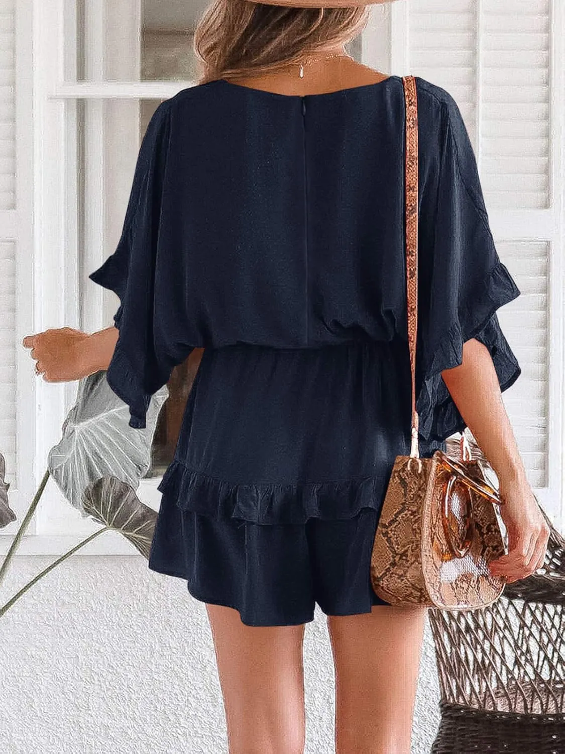 Valphsio Womens V Neck Beach Romper Ruffle Layered Drawstring Waisted Shorts Jumpsuit