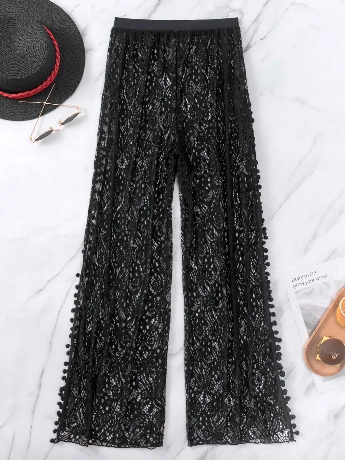 Verdusa Women's Crochet Sheer Hollow Out Pants High Split Swimsuit Bikini Bottom Coverups