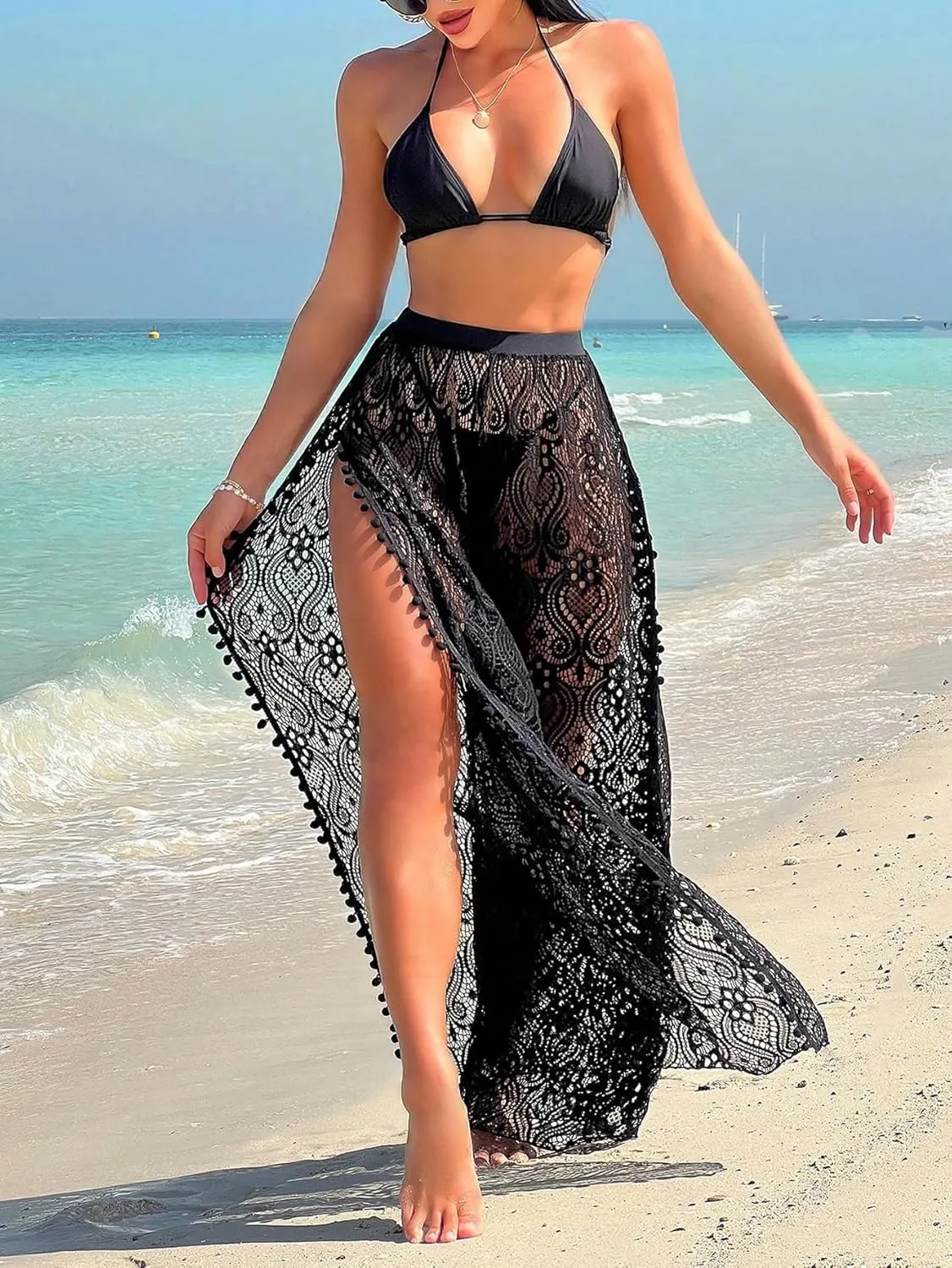 Verdusa Women's Crochet Sheer Hollow Out Pants High Split Swimsuit Bikini Bottom Coverups