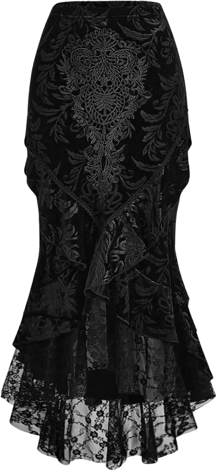 Verdusa Women's Goth Lace Fishtail Skirts Renaissance Ruffle Bodycon Long Skirt