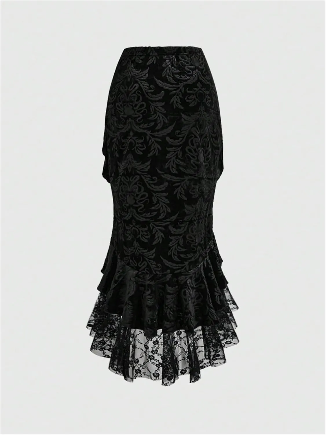 Verdusa Women's Goth Lace Fishtail Skirts Renaissance Ruffle Bodycon Long Skirt