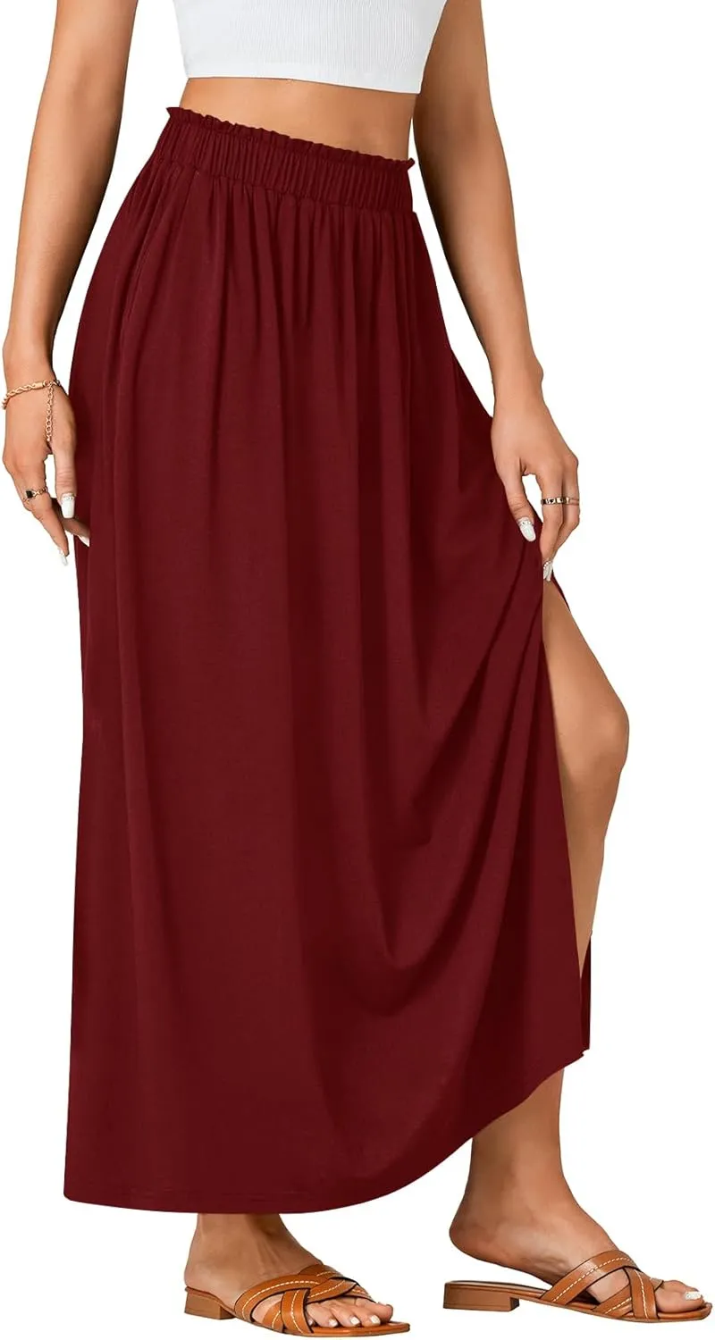 Vrtige Women's Casual Elastic High Waist A Line Flowy Maxi Long Skirt with Pockets