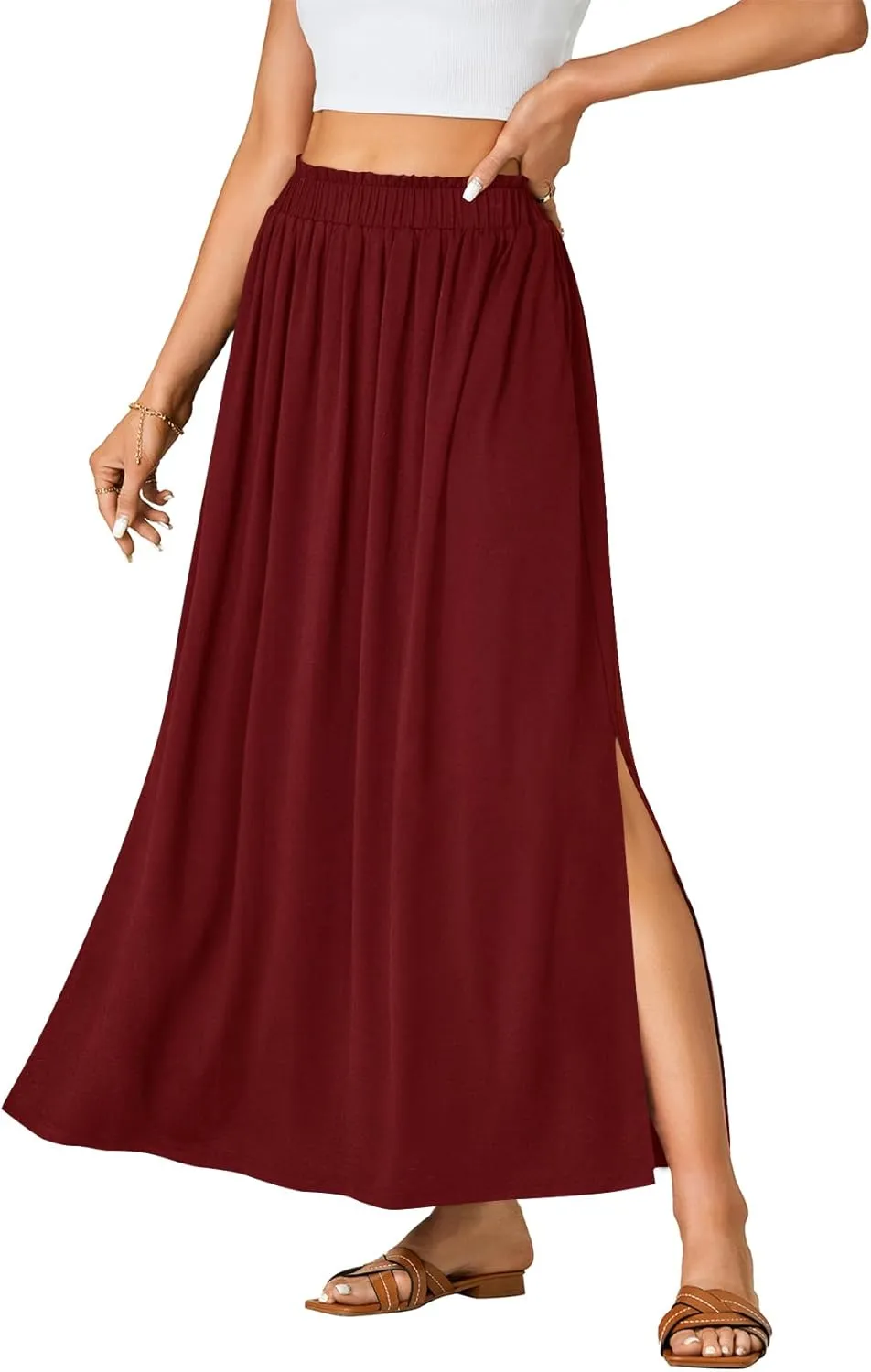 Vrtige Women's Casual Elastic High Waist A Line Flowy Maxi Long Skirt with Pockets