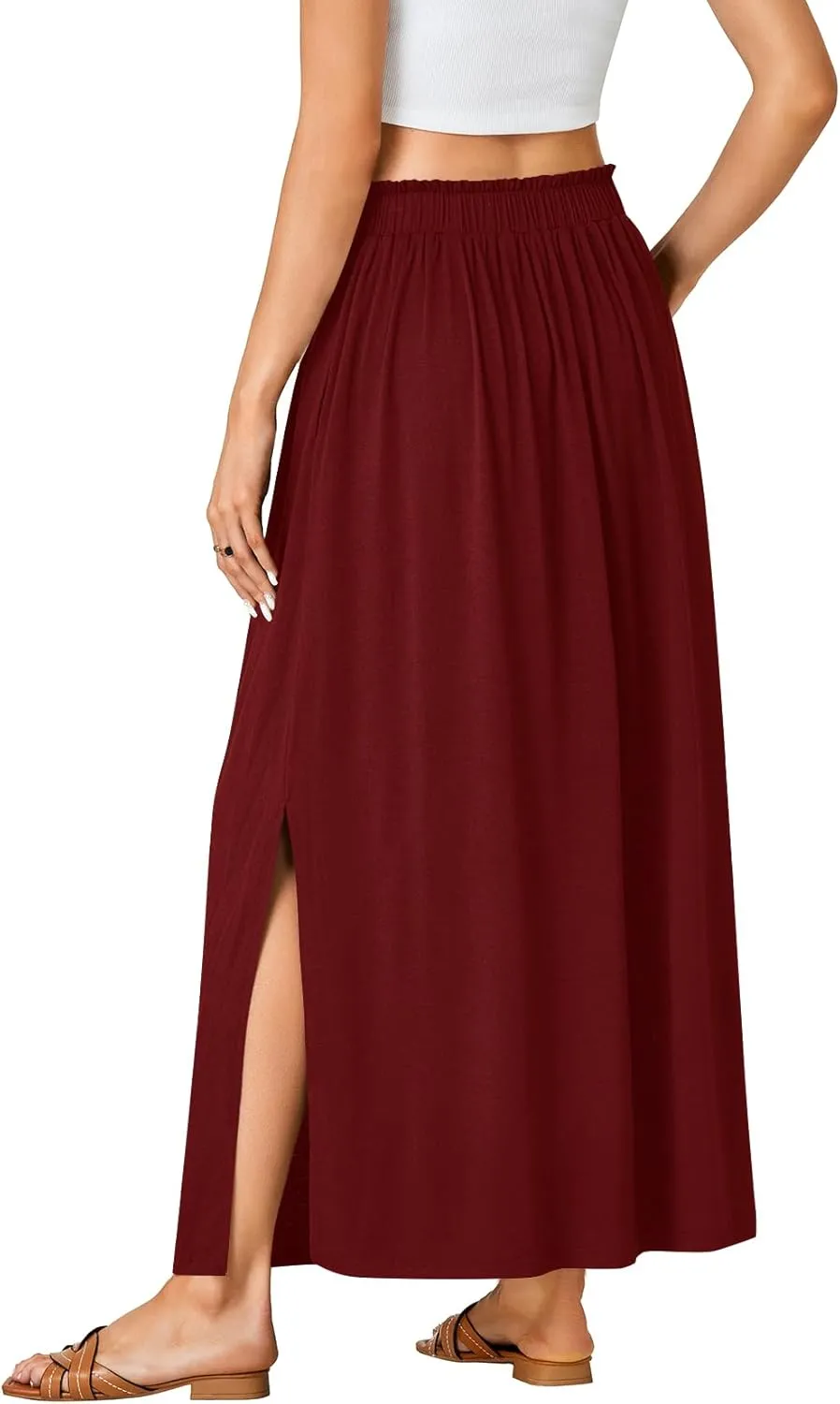 Vrtige Women's Casual Elastic High Waist A Line Flowy Maxi Long Skirt with Pockets