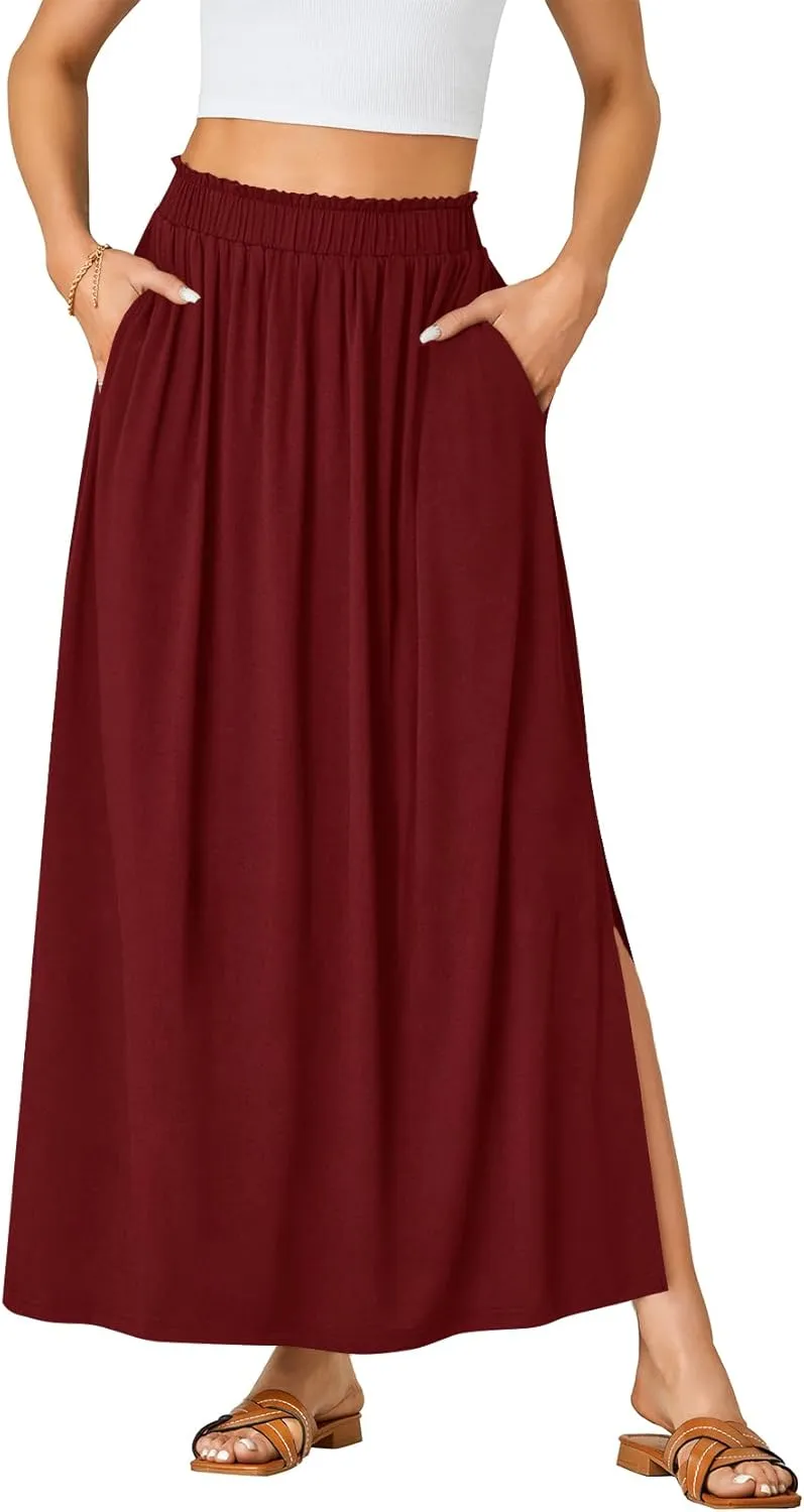 Vrtige Women's Casual Elastic High Waist A Line Flowy Maxi Long Skirt with Pockets