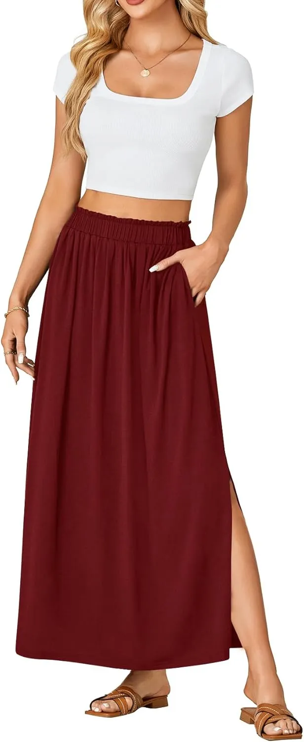 Vrtige Women's Casual Elastic High Waist A Line Flowy Maxi Long Skirt with Pockets