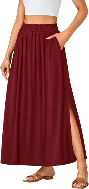 Vrtige Women's Casual Elastic High Waist A Line Flowy Maxi Long Skirt with Pockets