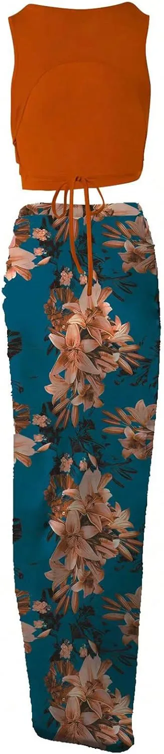 WDIRARA Women's 2 Piece Outfits Floral Print Tie Backless Crop Tank Tops and Drawstring Split Maxi Skirt Sets