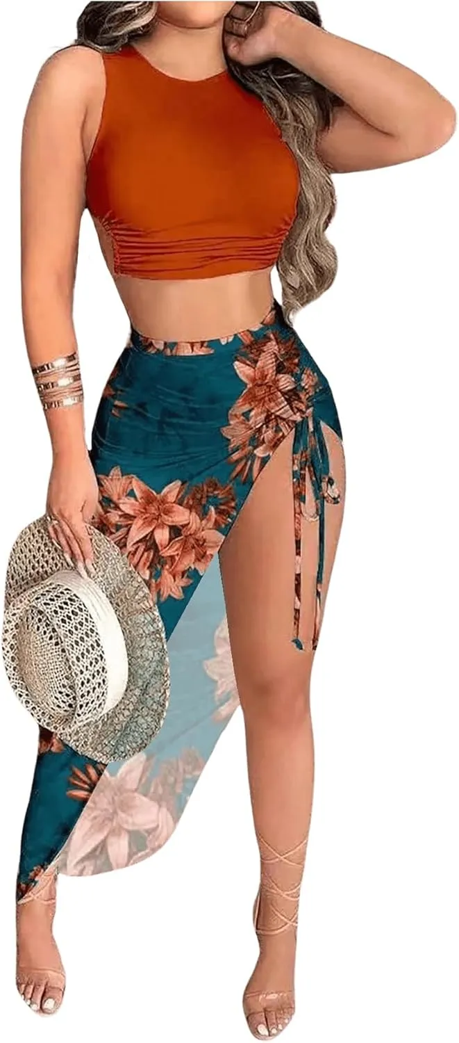WDIRARA Women's 2 Piece Outfits Floral Print Tie Backless Crop Tank Tops and Drawstring Split Maxi Skirt Sets