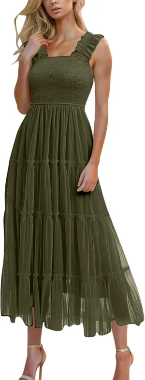 Wedding Guest Dresses for Women Off Shoulder Square Neck Ruffle Cami Midi Dress Summer Vacation Sundress Swing Hem