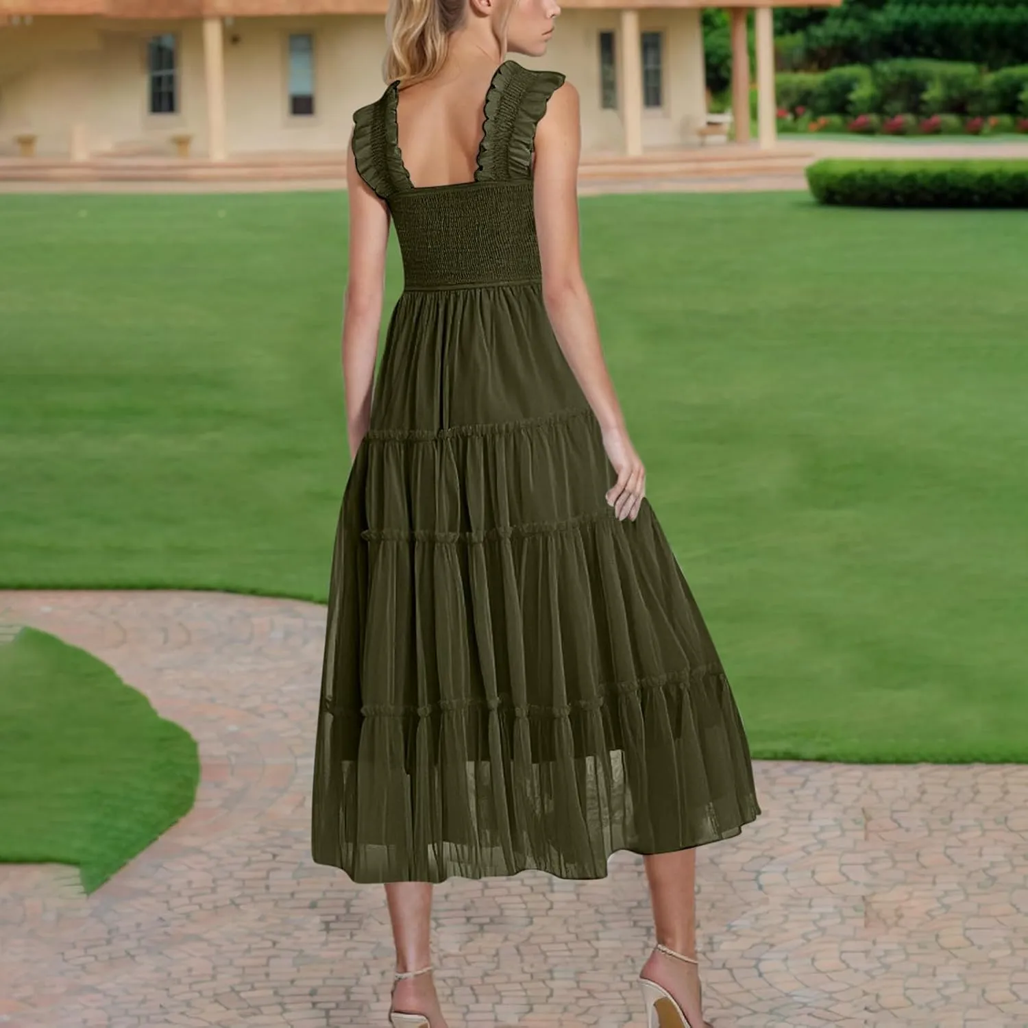 Wedding Guest Dresses for Women Off Shoulder Square Neck Ruffle Cami Midi Dress Summer Vacation Sundress Swing Hem