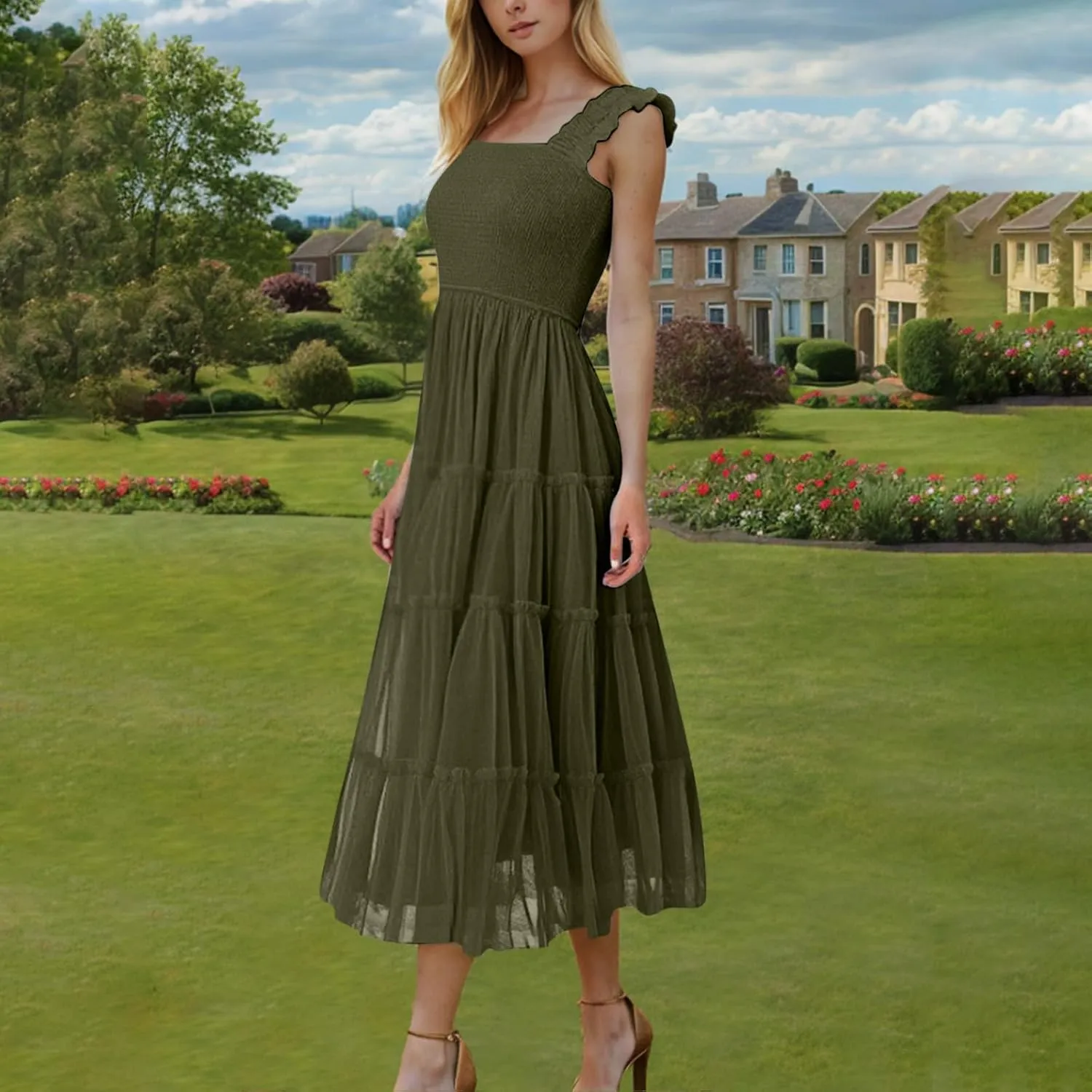 Wedding Guest Dresses for Women Off Shoulder Square Neck Ruffle Cami Midi Dress Summer Vacation Sundress Swing Hem