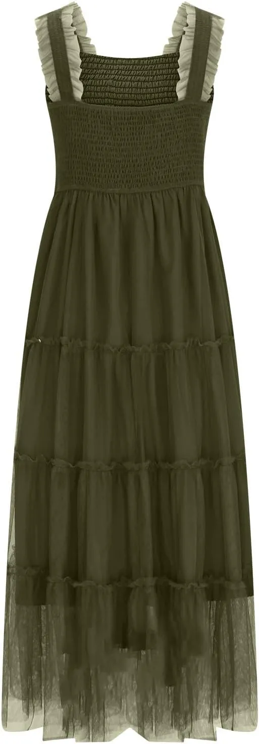 Wedding Guest Dresses for Women Off Shoulder Square Neck Ruffle Cami Midi Dress Summer Vacation Sundress Swing Hem