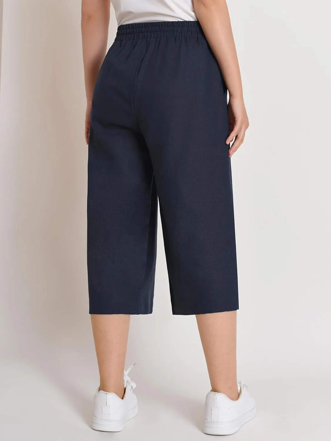 Weintee Women's Petite Linen Capris Wide Leg Cropped Pants with Pockets