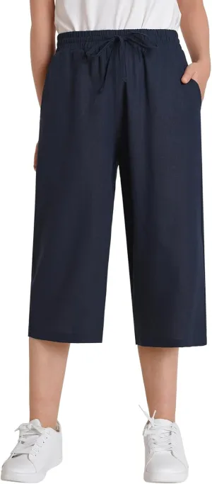 Weintee Women's Petite Linen Capris Wide Leg Cropped Pants with Pockets