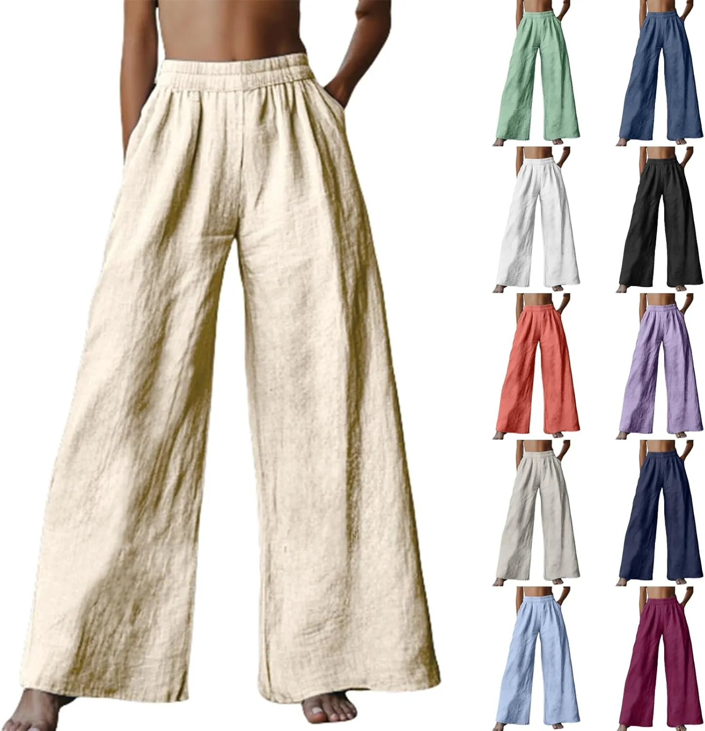 Wide Leg Linen Pants for Women 2025 Summer Casual Flowy Baggy Palazzo Trousers Loose Fit High Waisted with Pockets