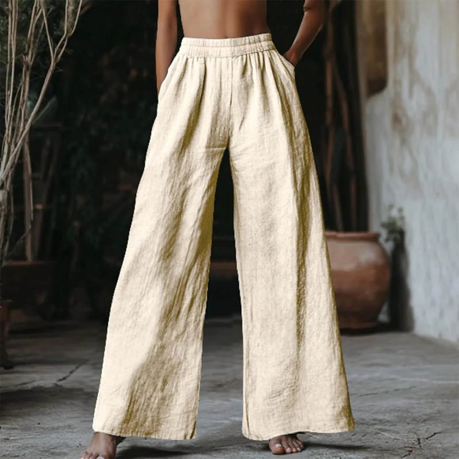 Wide Leg Linen Pants for Women 2025 Summer Casual Flowy Baggy Palazzo Trousers Loose Fit High Waisted with Pockets