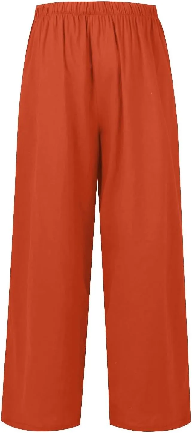 Wide Leg Linen Pants for Women Casual Summer Loose Fit Flowy Beach Pants with Pockets Elastic High Waisted Vacation Trousers