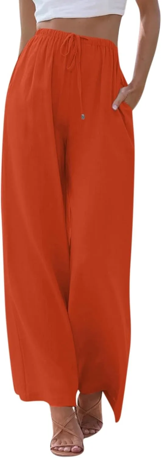Wide Leg Linen Pants for Women Casual Summer Loose Fit Flowy Beach Pants with Pockets Elastic High Waisted Vacation Trousers