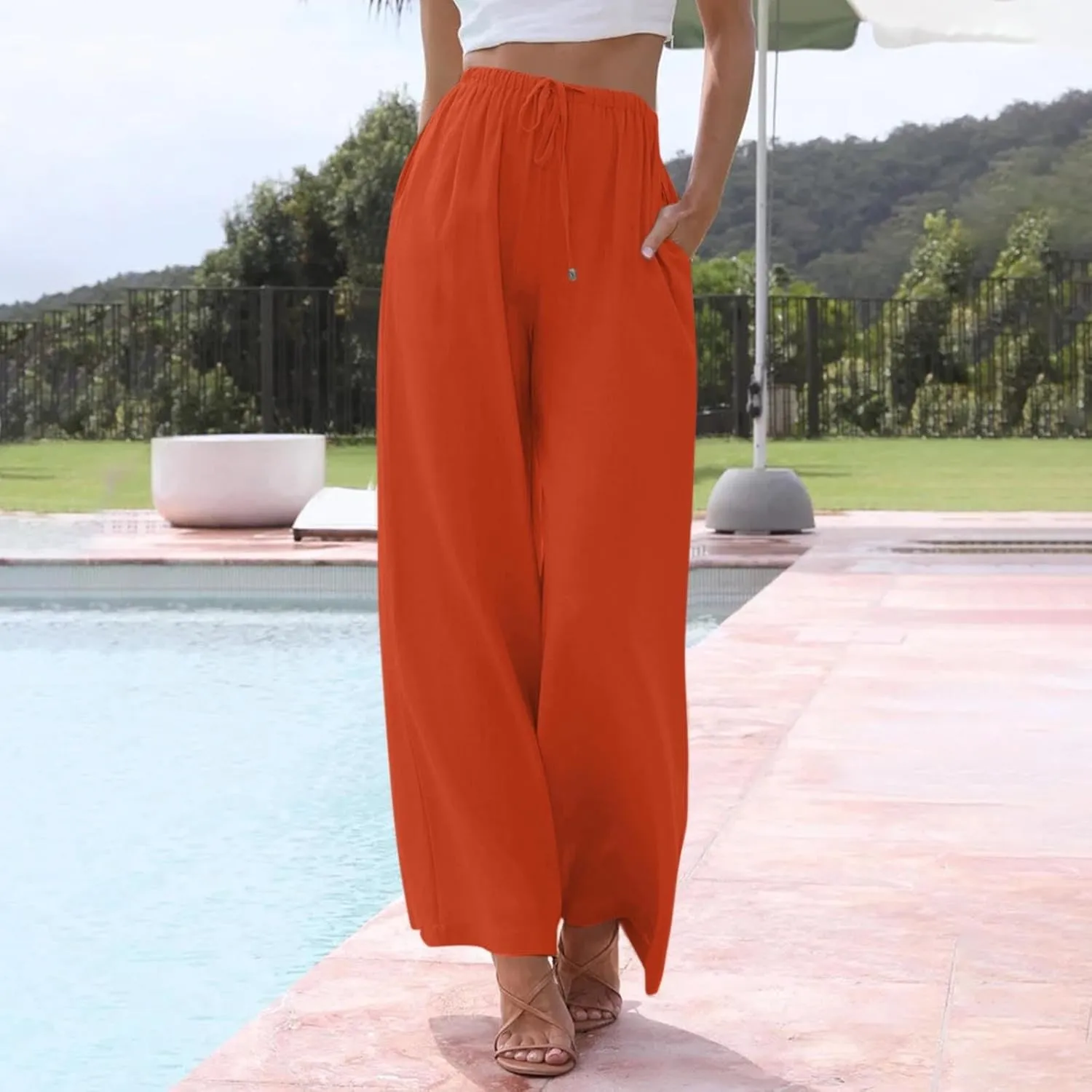 Wide Leg Linen Pants for Women Casual Summer Loose Fit Flowy Beach Pants with Pockets Elastic High Waisted Vacation Trousers