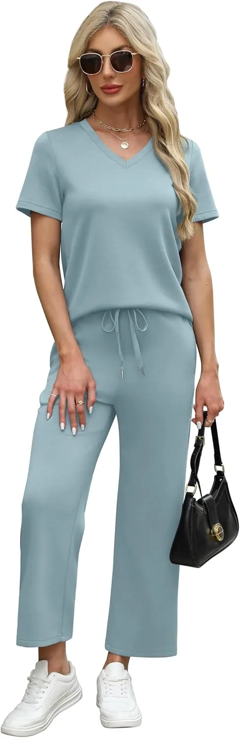 WIHOLL 2 Piece Sets for Women Summer Lounge Set Wide Leg Pants Matching Set Vacation Travel Outfits Beach Clothing