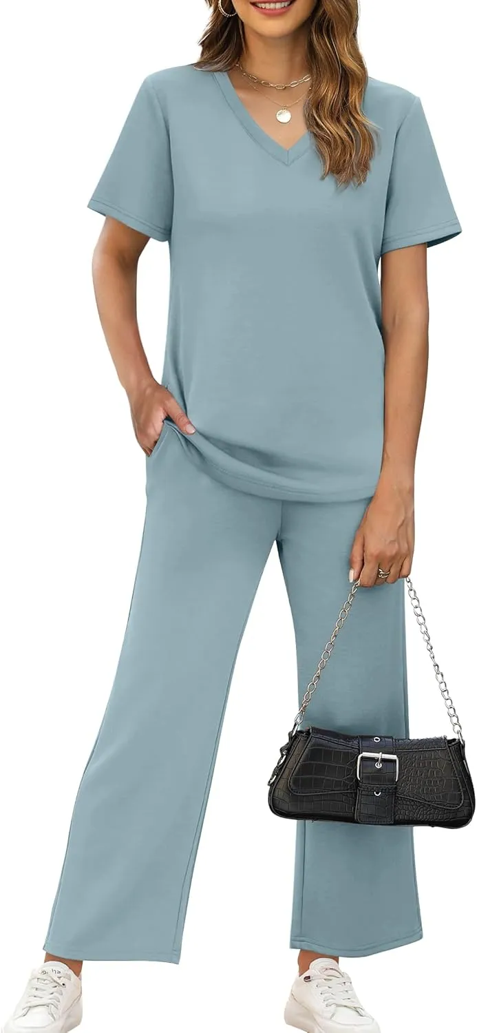 WIHOLL 2 Piece Sets for Women Summer Lounge Set Wide Leg Pants Matching Set Vacation Travel Outfits Beach Clothing