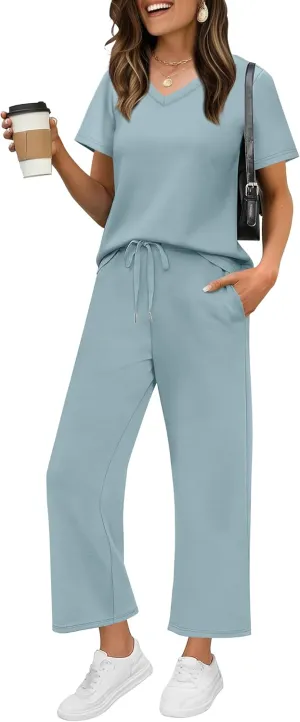 WIHOLL 2 Piece Sets for Women Summer Lounge Set Wide Leg Pants Matching Set Vacation Travel Outfits Beach Clothing