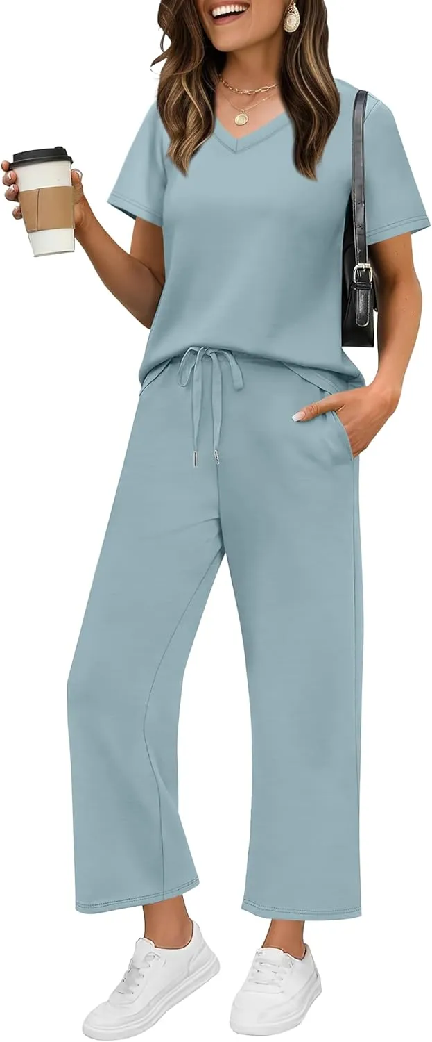 WIHOLL 2 Piece Sets for Women Summer Lounge Set Wide Leg Pants Matching Set Vacation Travel Outfits Beach Clothing