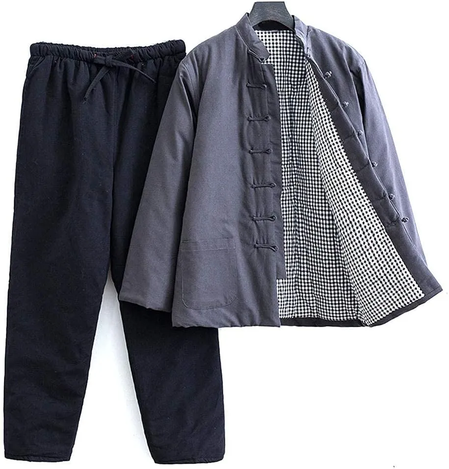 Winter Warm Thicken Tang Suit Men Cotton Padded Kung Fu Uniform Jacket Long Sleeved Coat Tops Pants for Seniors Grey-XXL