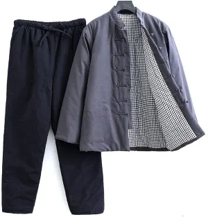 Winter Warm Thicken Tang Suit Men Cotton Padded Kung Fu Uniform Jacket Long Sleeved Coat Tops Pants for Seniors Grey-XXL