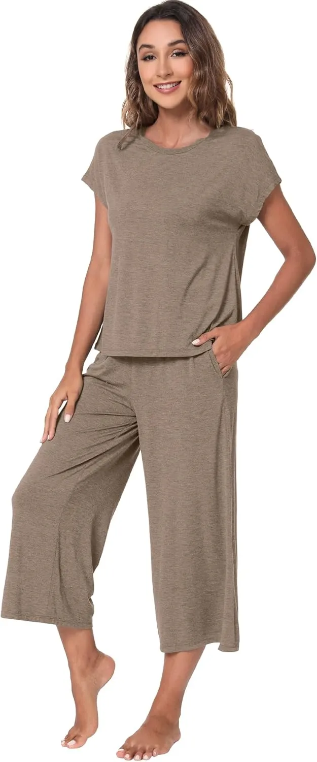 WiWi Viscose from Bamboo Pajamas for Women Capri Pants Pajama Sets Short Sleeve Sleepwear Set Top with Capris Pjs S-XXL