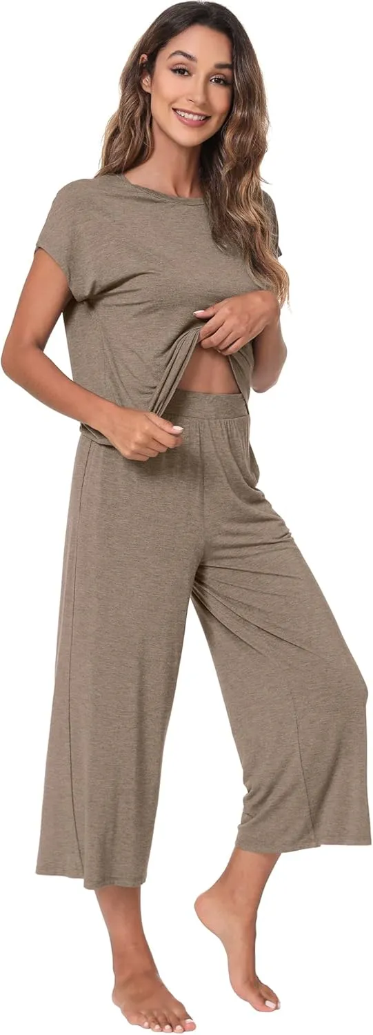 WiWi Viscose from Bamboo Pajamas for Women Capri Pants Pajama Sets Short Sleeve Sleepwear Set Top with Capris Pjs S-XXL